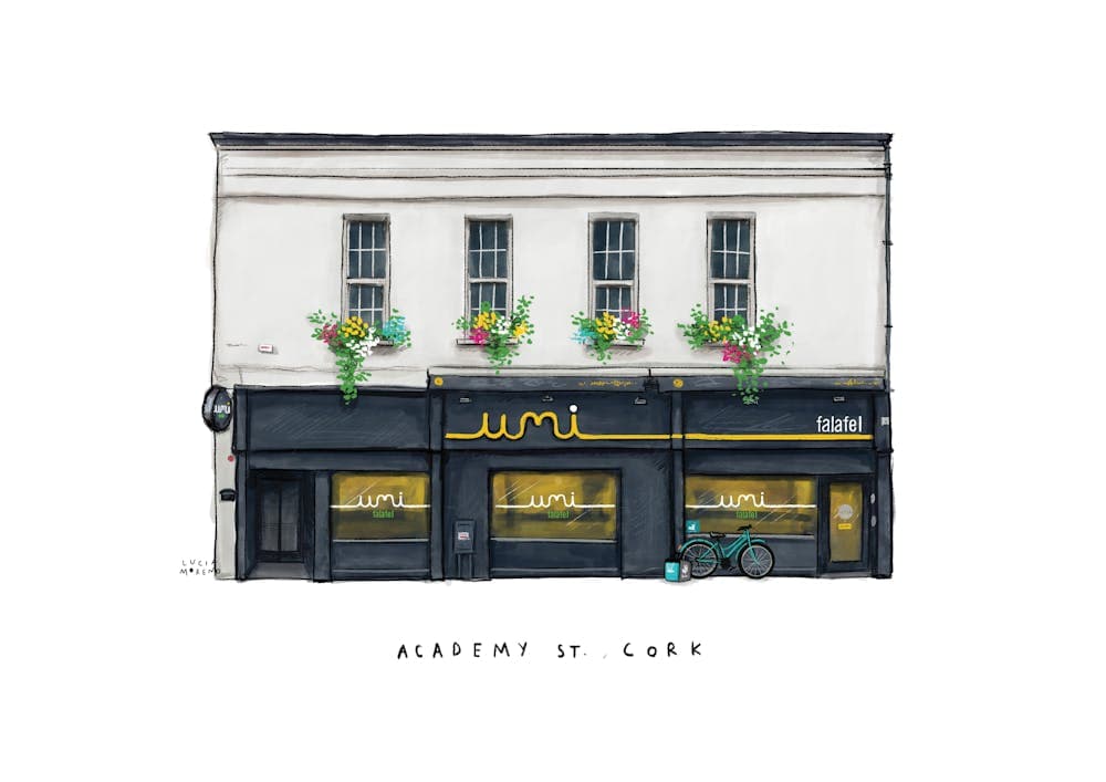 Illustration of the Umi Falafel shopfront on Academy Street, Cork