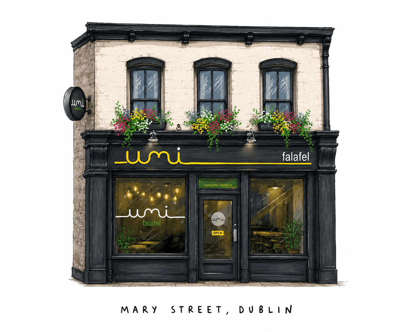 Illustration of the Umi Falafel shopfront on Mary Street, Dublin