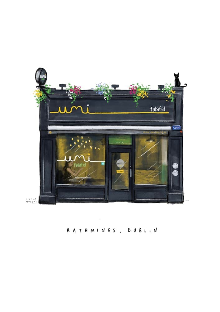 Illustration of the Umi Falafel shopfront on Rathmines Road Lower